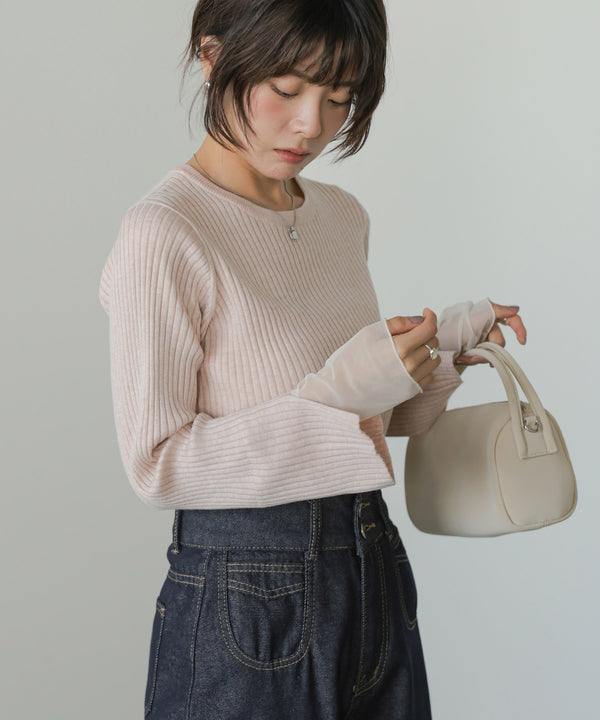 【クルーネック】チュールレイヤードリブニットトップス