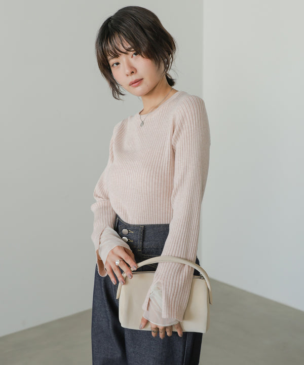 【クルーネック】チュールレイヤードリブニットトップス