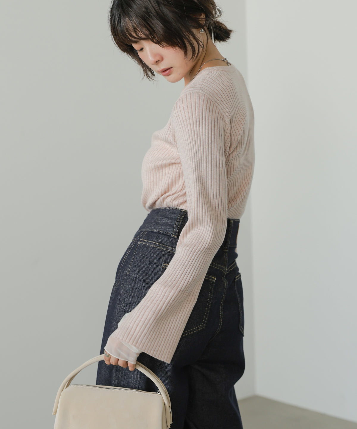 【クルーネック】チュールレイヤードリブニットトップス