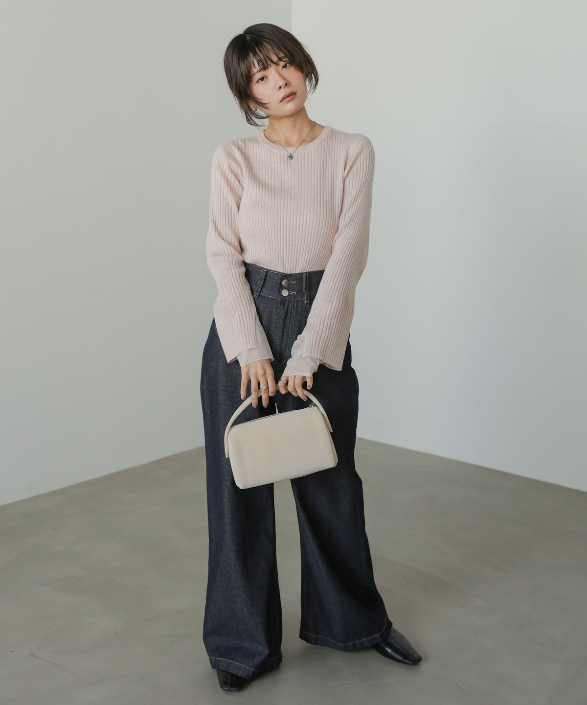 【クルーネック】チュールレイヤードリブニットトップス
