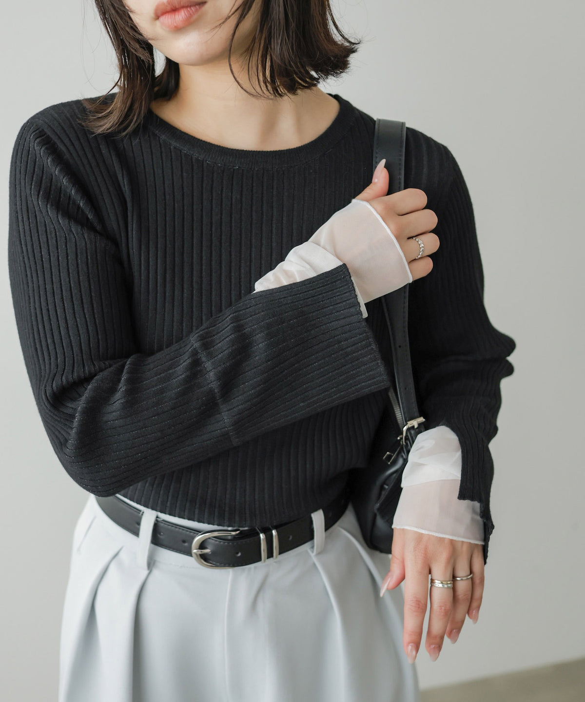 【クルーネック】チュールレイヤードリブニットトップス