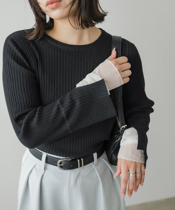 【クルーネック】チュールレイヤードリブニットトップス