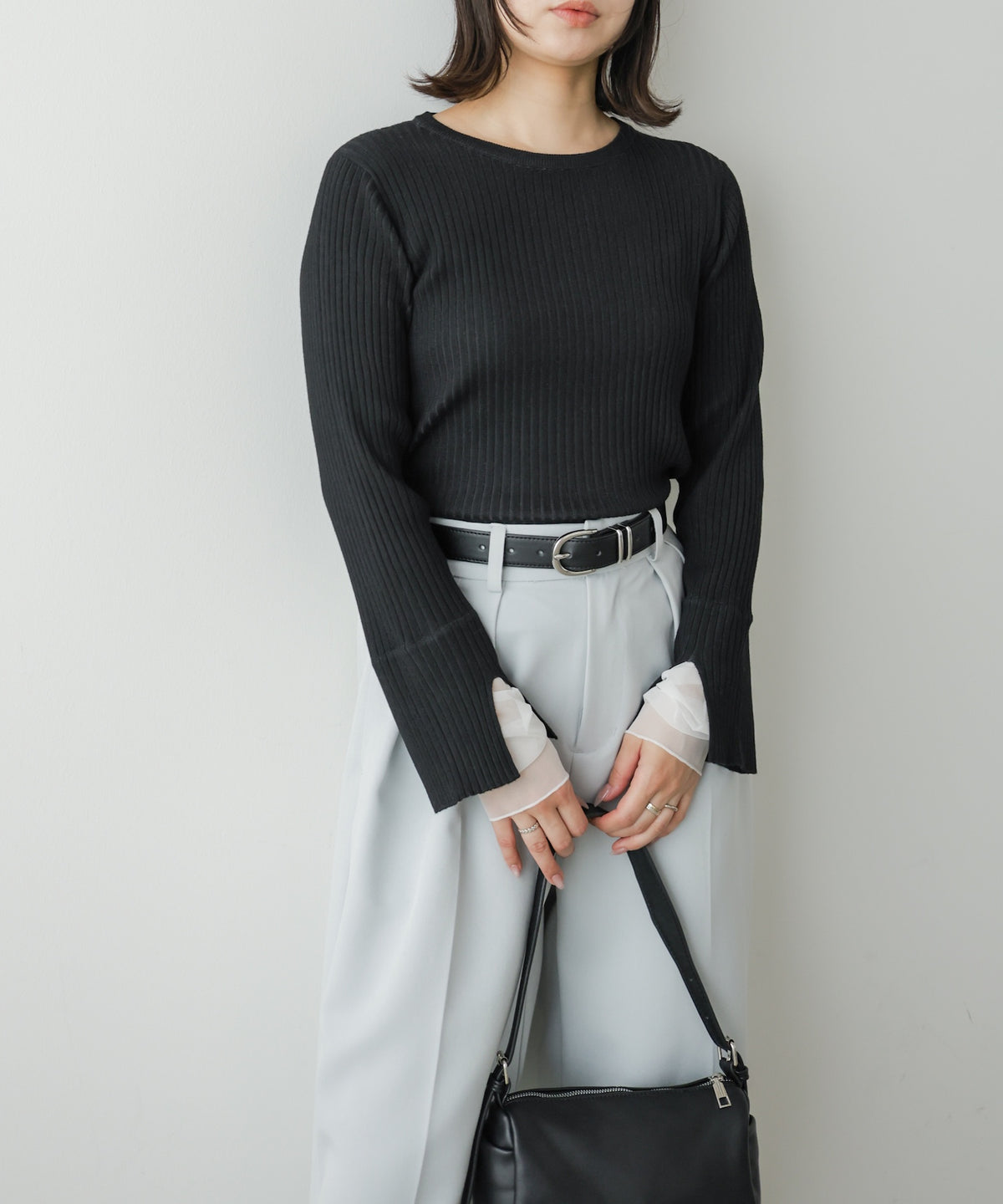 【クルーネック】チュールレイヤードリブニットトップス