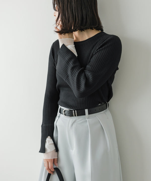 【クルーネック】チュールレイヤードリブニットトップス