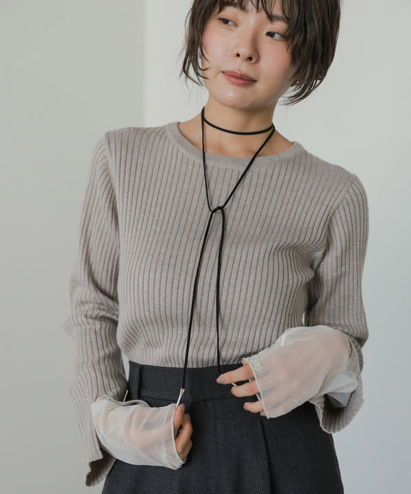 【クルーネック】チュールレイヤードリブニットトップス