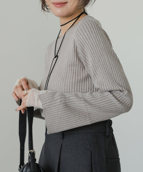 【クルーネック】チュールレイヤードリブニットトップス