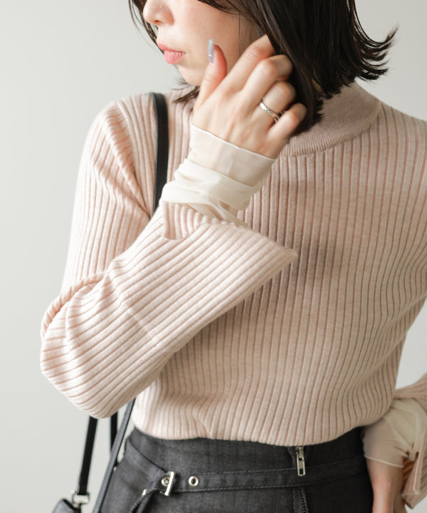 【ハイネック】チュールレイヤードリブニットトップス