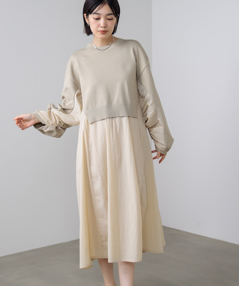 袖ギャザー布帛ドッキングニットワンピース［3/13発送予定］