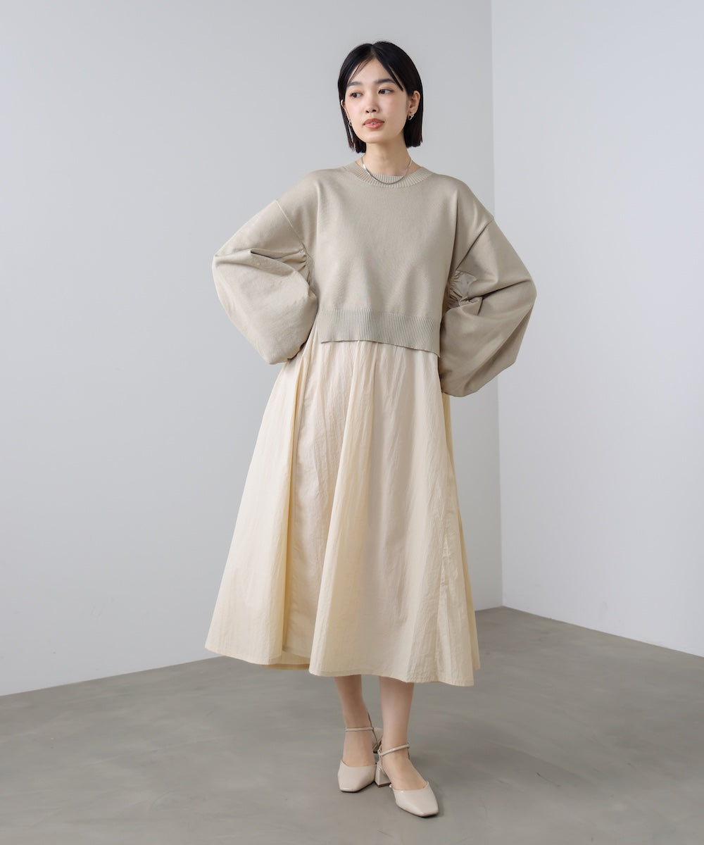 袖ギャザー布帛ドッキングニットワンピース［3/13発送予定］