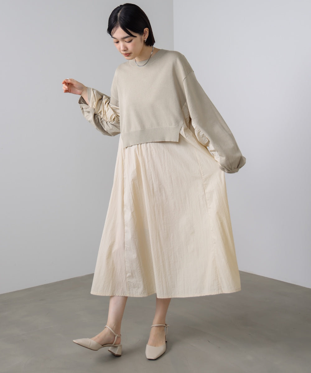 袖ギャザー布帛ドッキングニットワンピース［3/13発送予定］