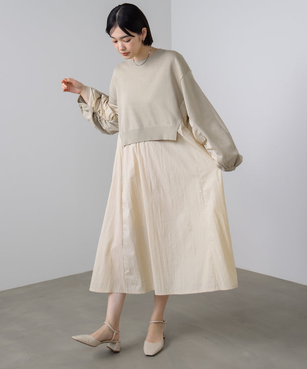 袖ギャザー布帛ドッキングニットワンピース［3/13発送予定］