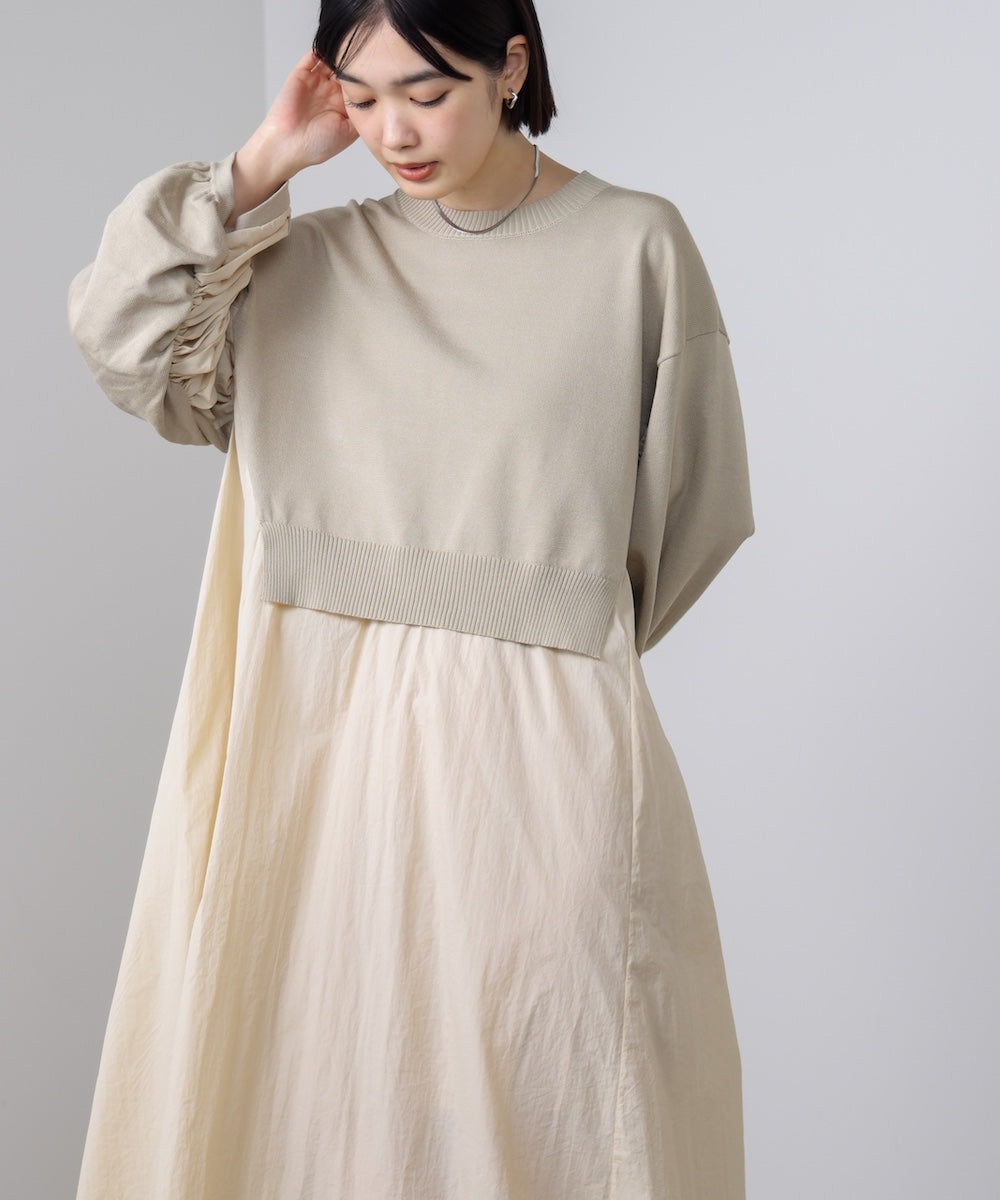 袖ギャザー布帛ドッキングニットワンピース［3/13発送予定］