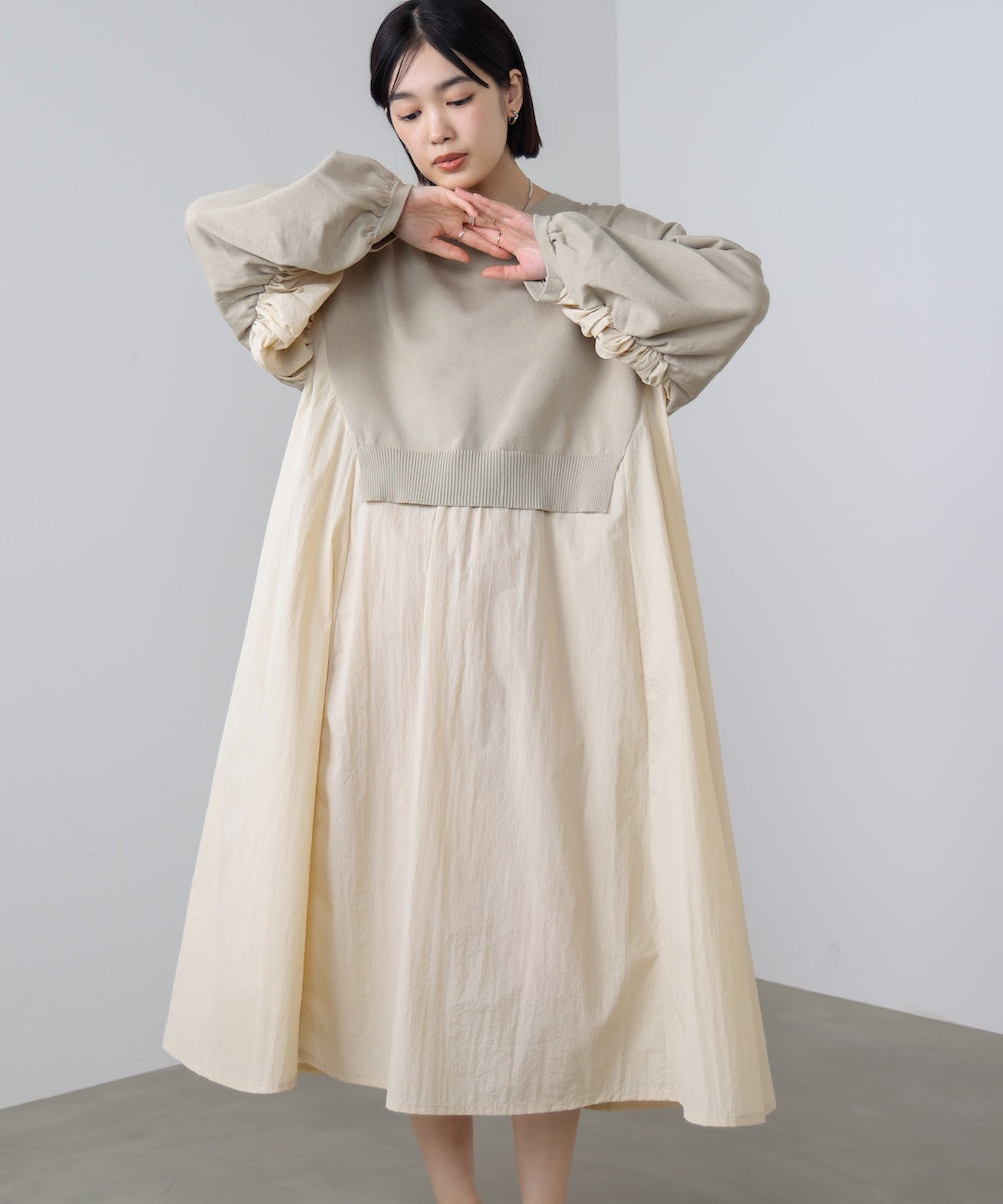 袖ギャザー布帛ドッキングニットワンピース［3/13発送予定］
