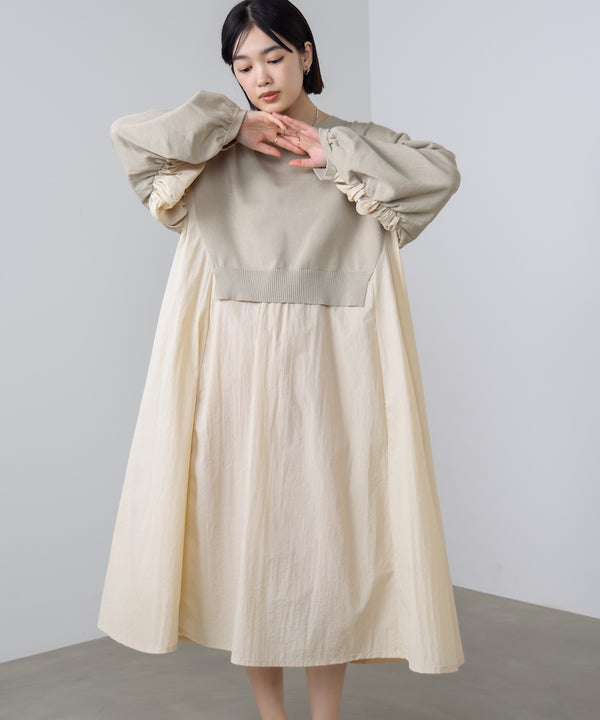 袖ギャザー布帛ドッキングニットワンピース［3/13発送予定］