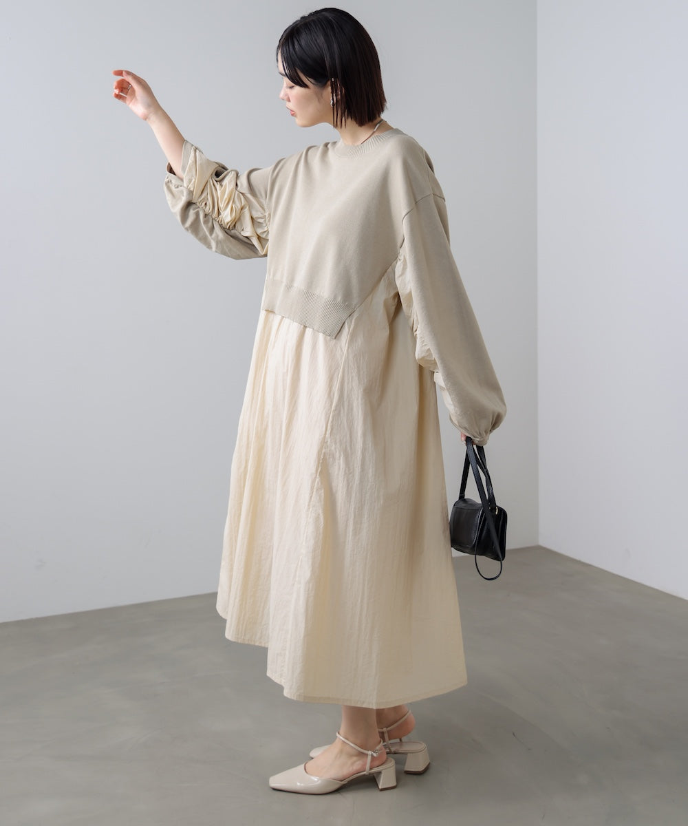 袖ギャザー布帛ドッキングニットワンピース［3/13発送予定］