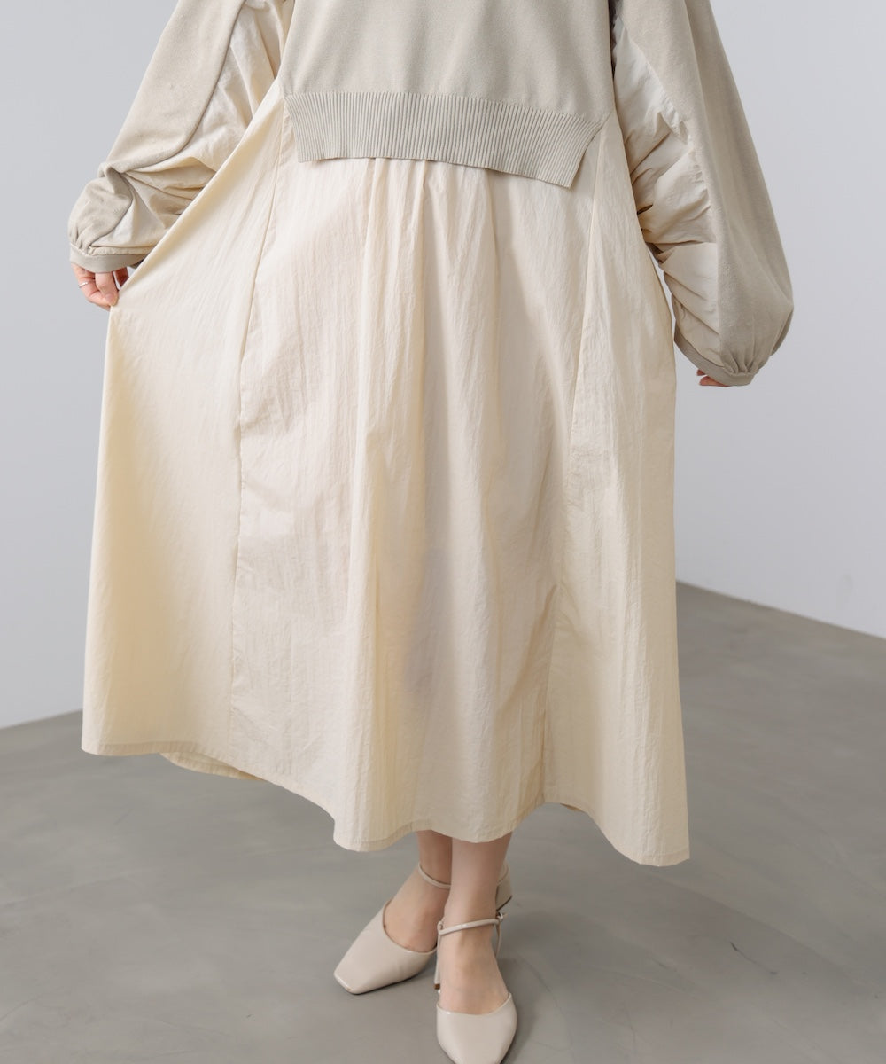 袖ギャザー布帛ドッキングニットワンピース［3/13発送予定］