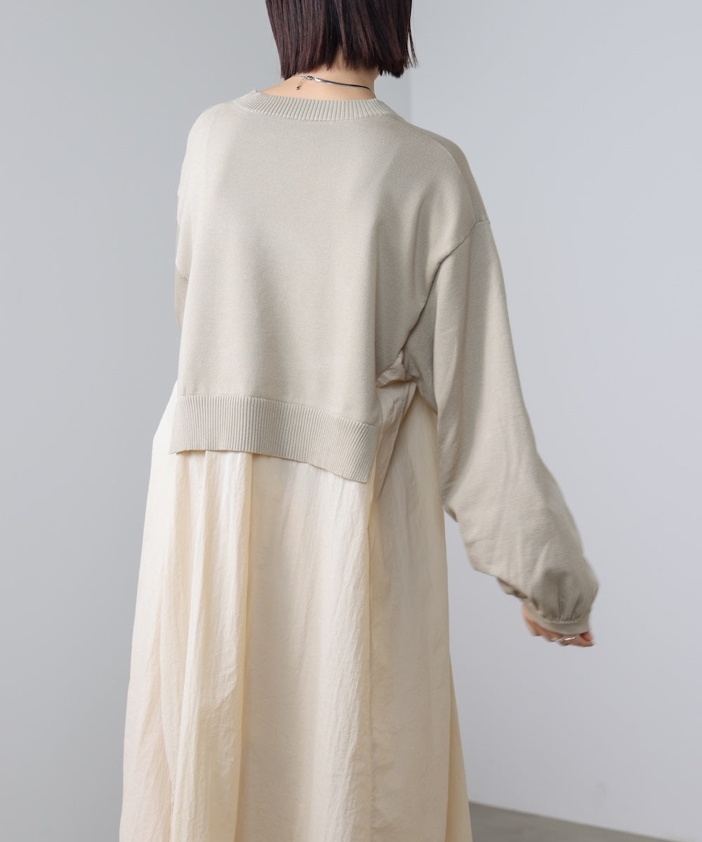 袖ギャザー布帛ドッキングニットワンピース［3/13発送予定］