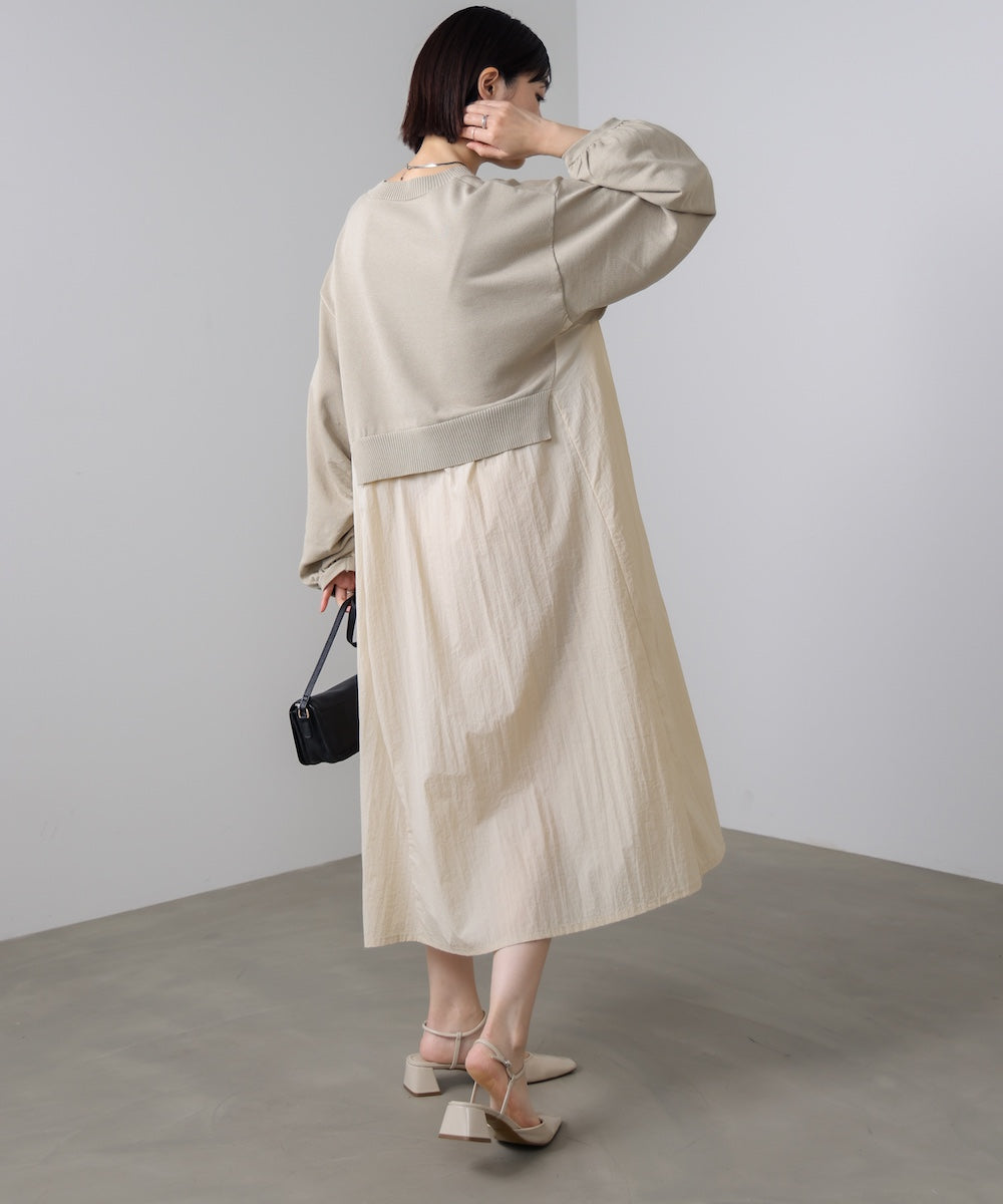 袖ギャザー布帛ドッキングニットワンピース［3/13発送予定］