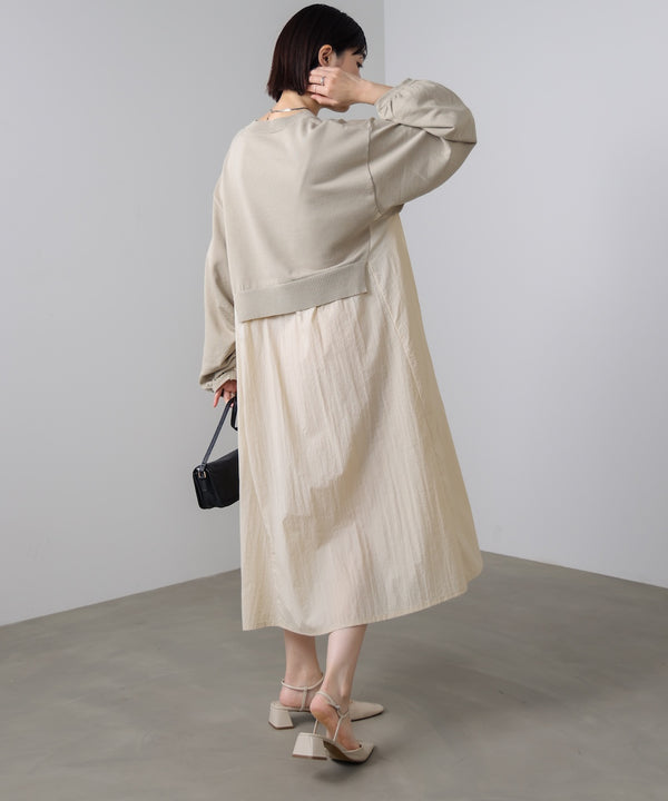 袖ギャザー布帛ドッキングニットワンピース［3/13発送予定］