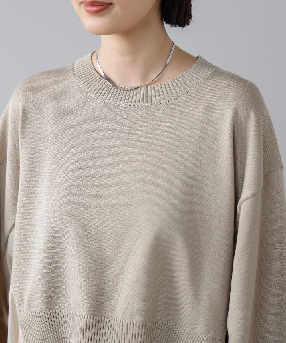 袖ギャザー布帛ドッキングニットワンピース［3/13発送予定］