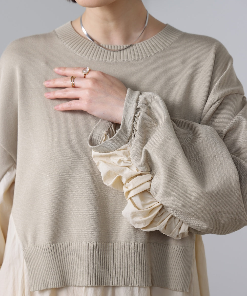 袖ギャザー布帛ドッキングニットワンピース［3/13発送予定］