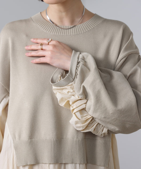 袖ギャザー布帛ドッキングニットワンピース［3/13発送予定］