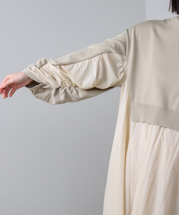 袖ギャザー布帛ドッキングニットワンピース［3/13発送予定］