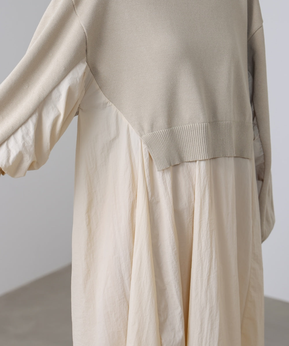 袖ギャザー布帛ドッキングニットワンピース［3/13発送予定］