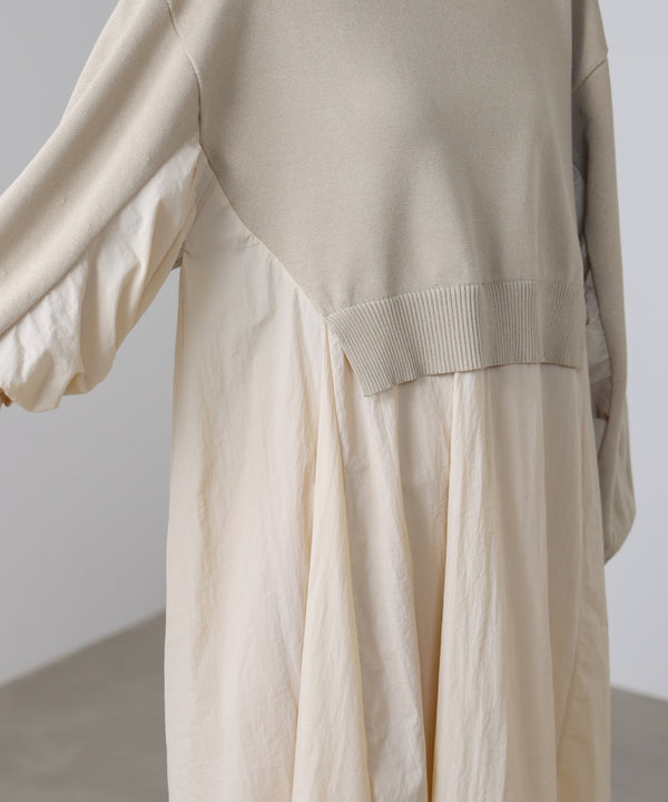 袖ギャザー布帛ドッキングニットワンピース［3/13発送予定］