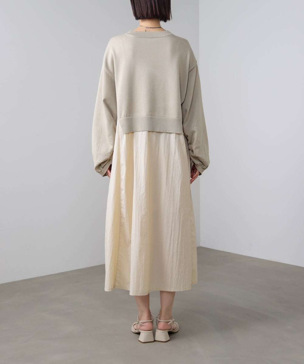 袖ギャザー布帛ドッキングニットワンピース［3/13発送予定］