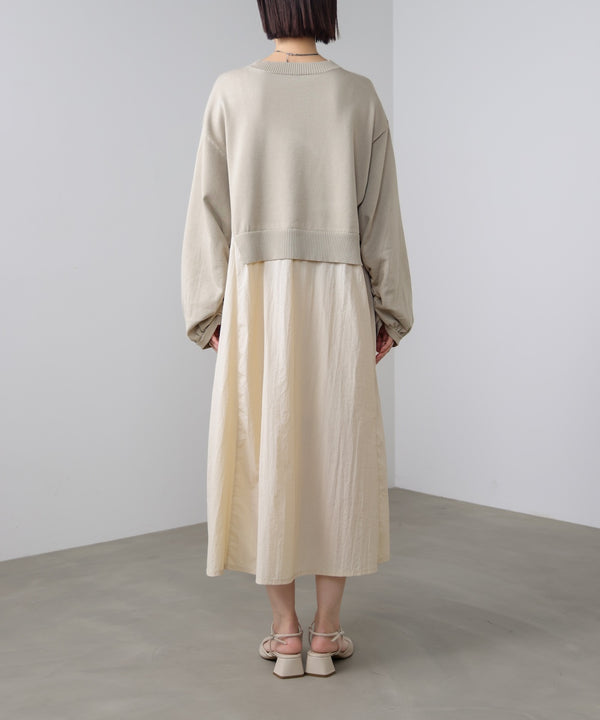 袖ギャザー布帛ドッキングニットワンピース［3/13発送予定］