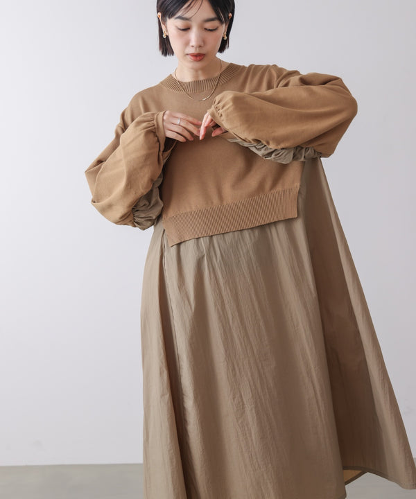 袖ギャザー布帛ドッキングニットワンピース［3/13発送予定］