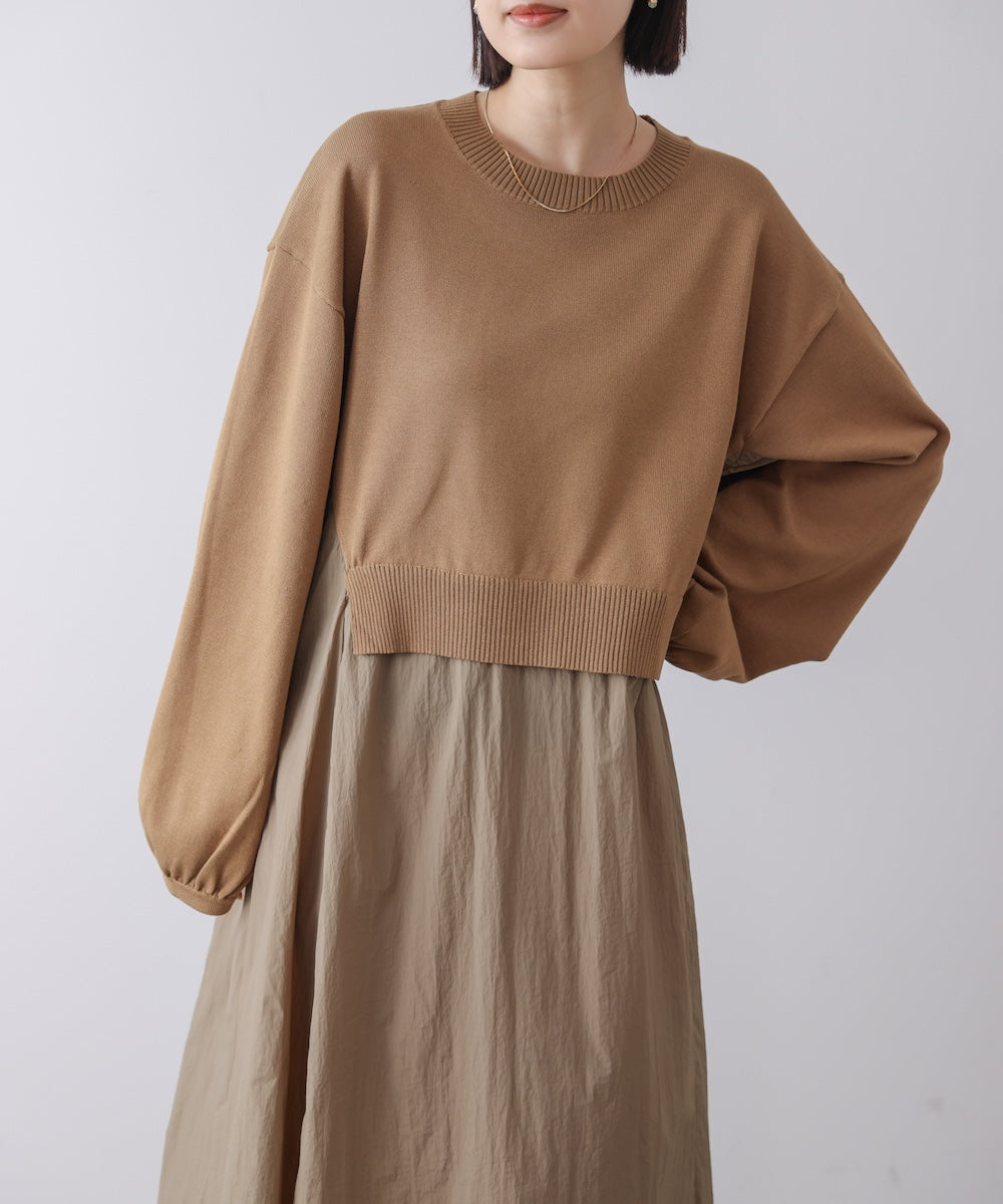 袖ギャザー布帛ドッキングニットワンピース［3/13発送予定］