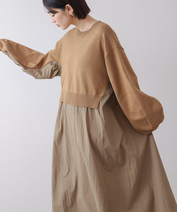 袖ギャザー布帛ドッキングニットワンピース［3/13発送予定］