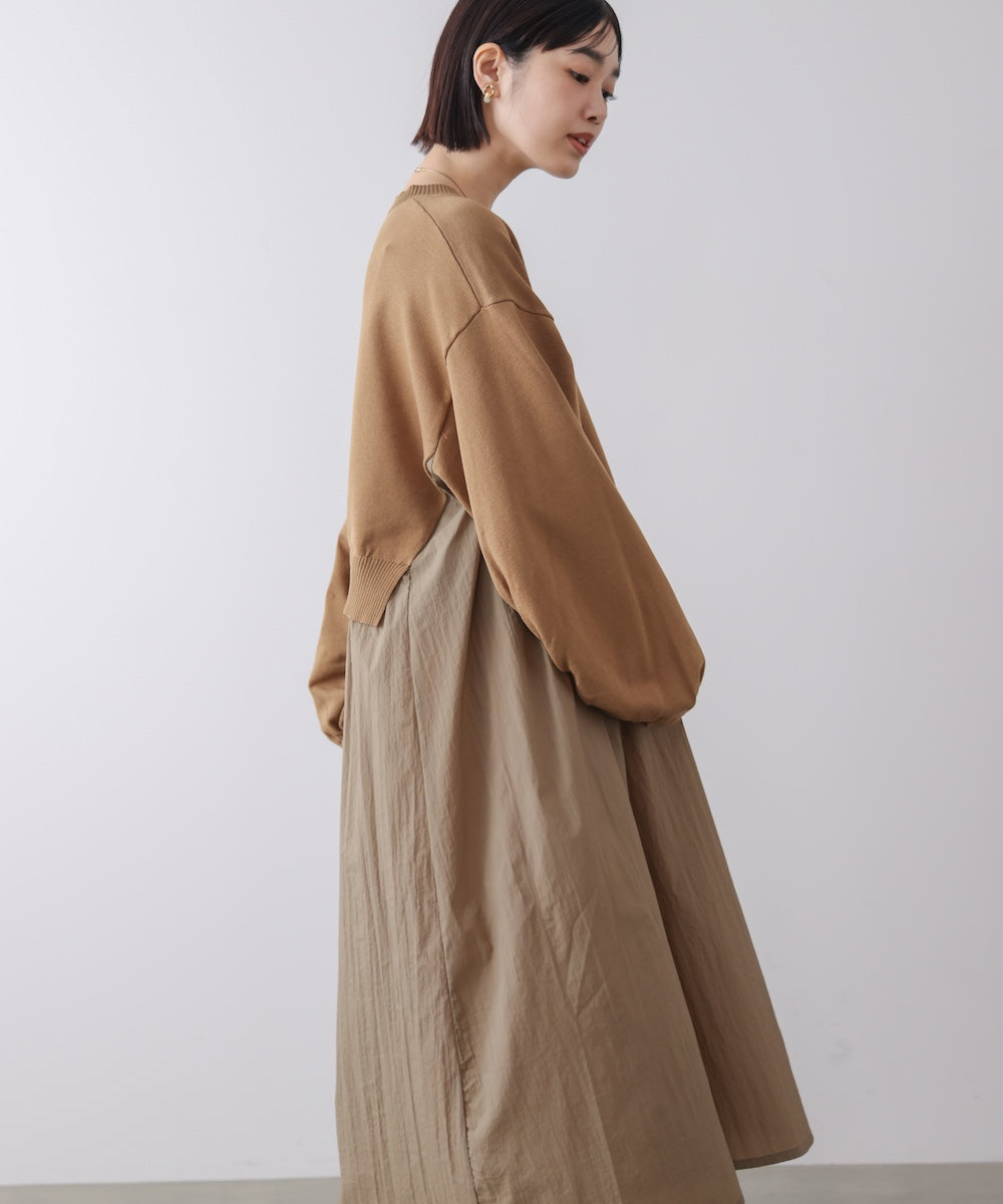 袖ギャザー布帛ドッキングニットワンピース［3/13発送予定］