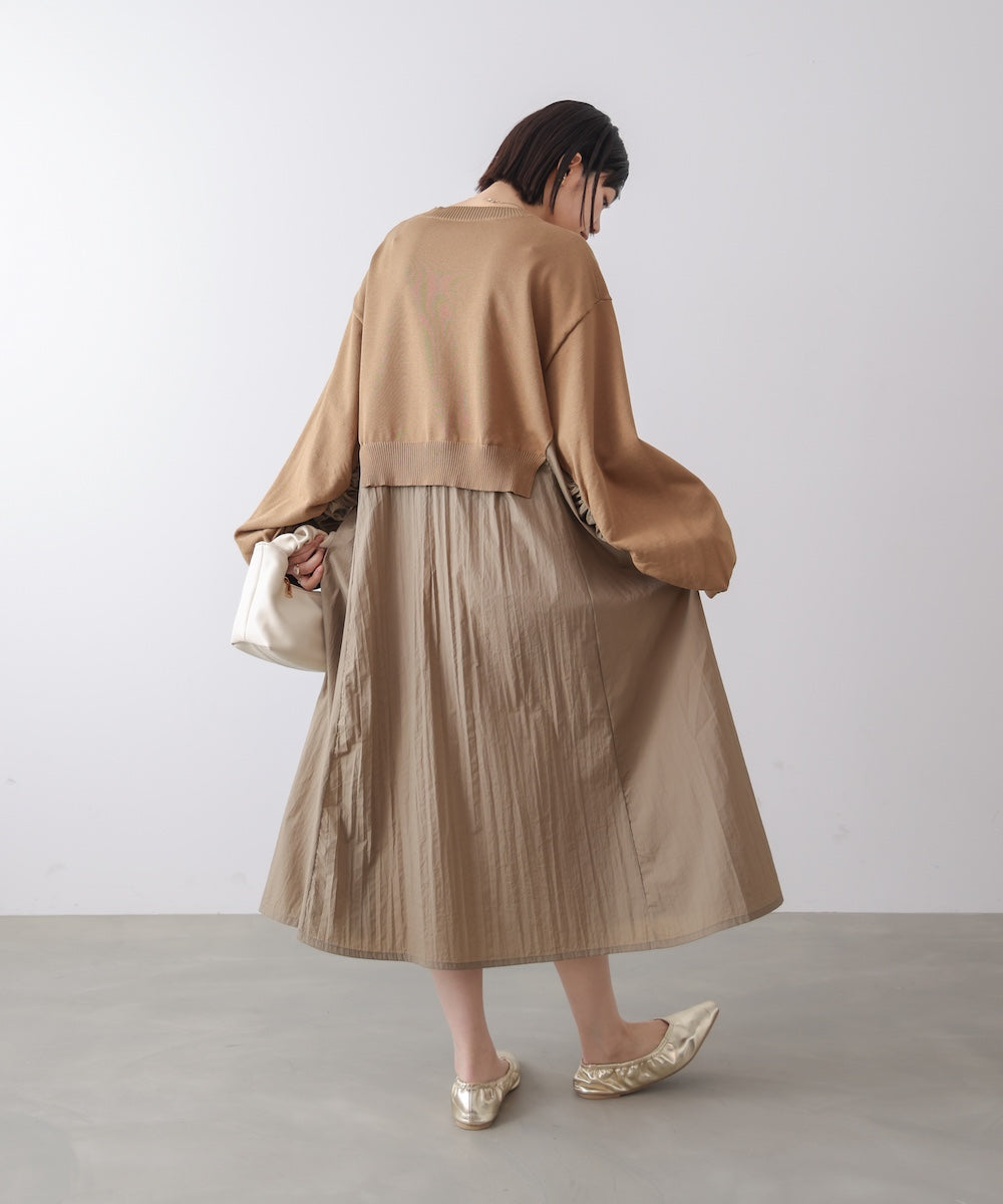 袖ギャザー布帛ドッキングニットワンピース［3/13発送予定］