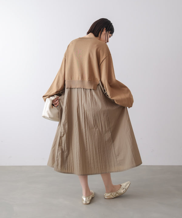 袖ギャザー布帛ドッキングニットワンピース［3/13発送予定］