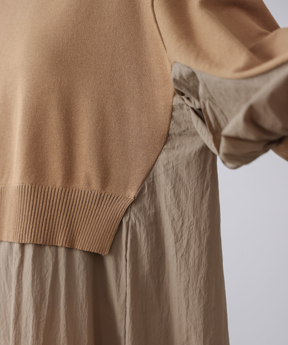 袖ギャザー布帛ドッキングニットワンピース［3/13発送予定］