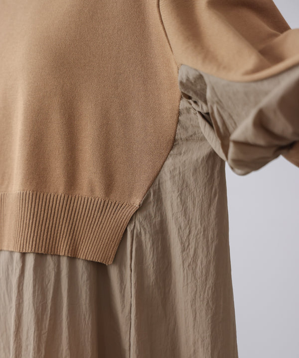 袖ギャザー布帛ドッキングニットワンピース［3/13発送予定］