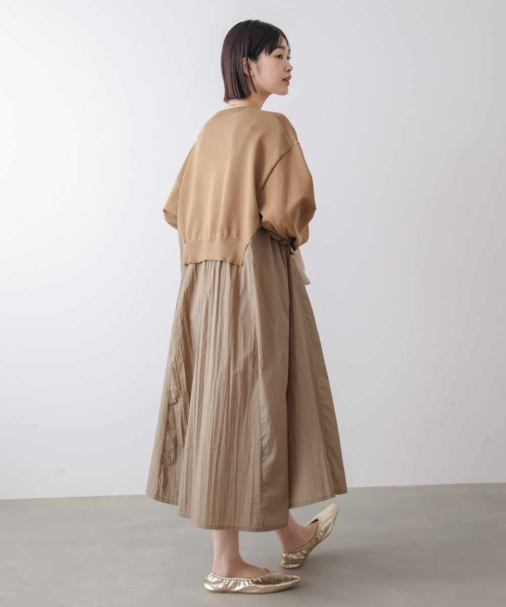 袖ギャザー布帛ドッキングニットワンピース［3/13発送予定］