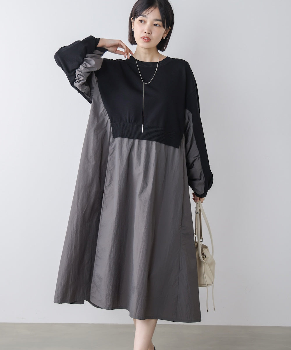 袖ギャザー布帛ドッキングニットワンピース［3/13発送予定］