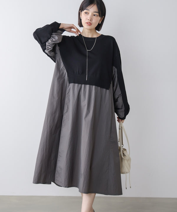 袖ギャザー布帛ドッキングニットワンピース［3/13発送予定］