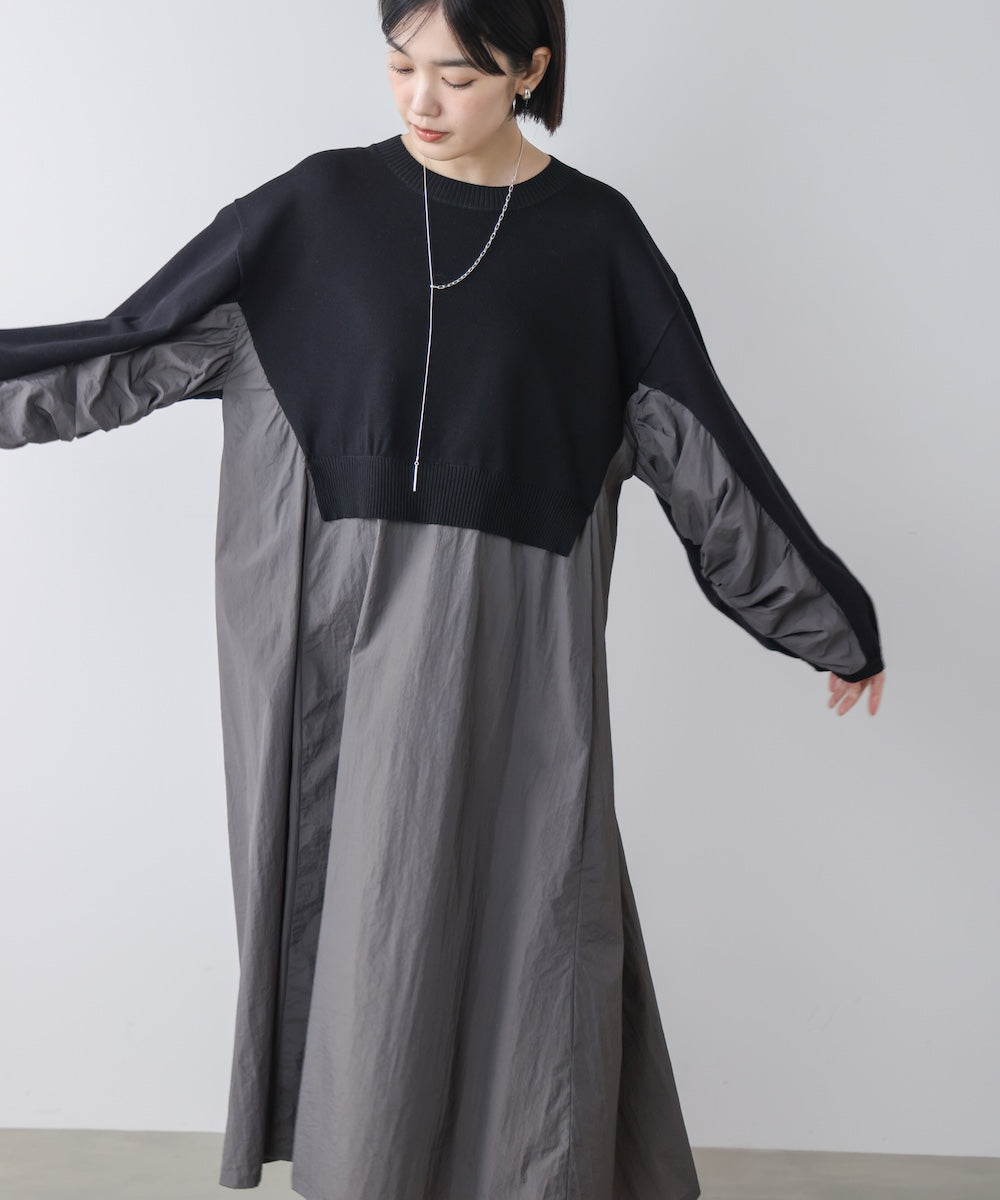 袖ギャザー布帛ドッキングニットワンピース［3/13発送予定］