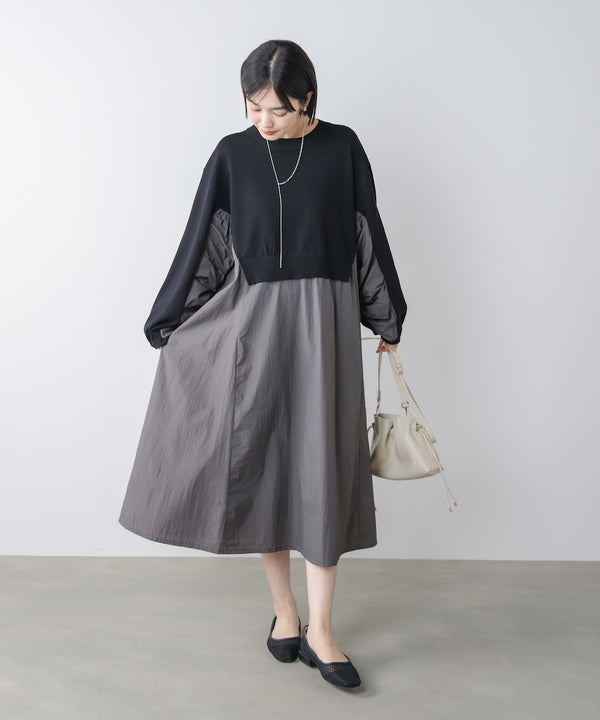 袖ギャザー布帛ドッキングニットワンピース［3/13発送予定］