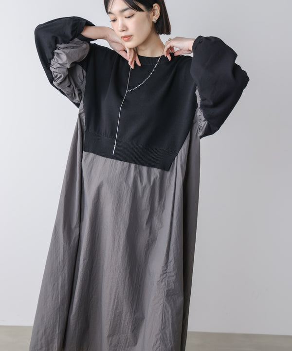 袖ギャザー布帛ドッキングニットワンピース［3/13発送予定］