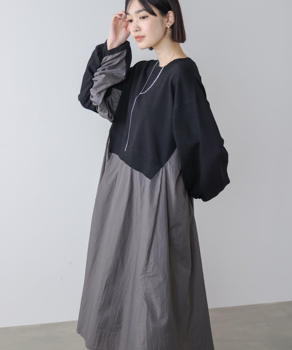 袖ギャザー布帛ドッキングニットワンピース［3/13発送予定］