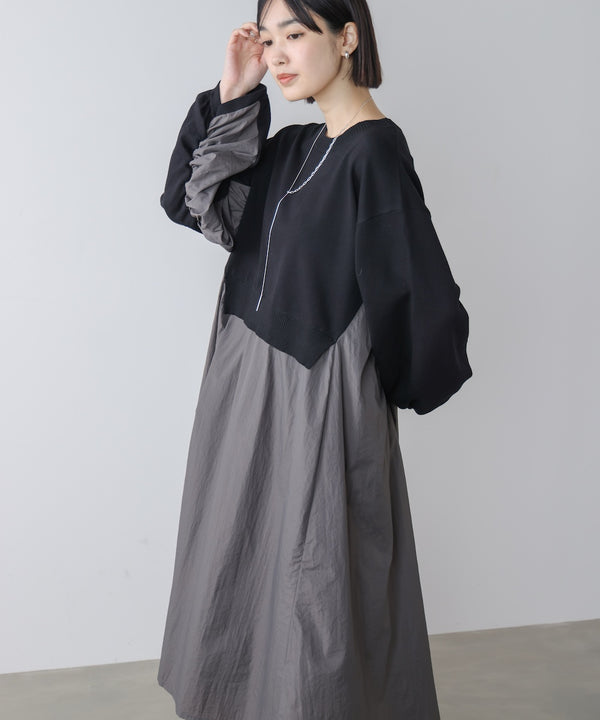 袖ギャザー布帛ドッキングニットワンピース［3/13発送予定］