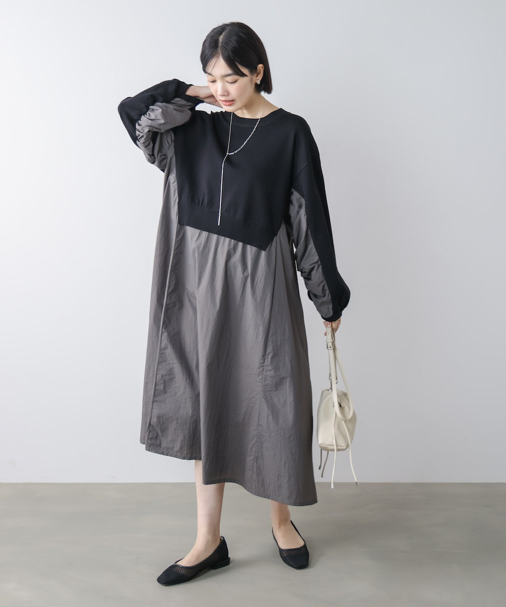 袖ギャザー布帛ドッキングニットワンピース［3/13発送予定］