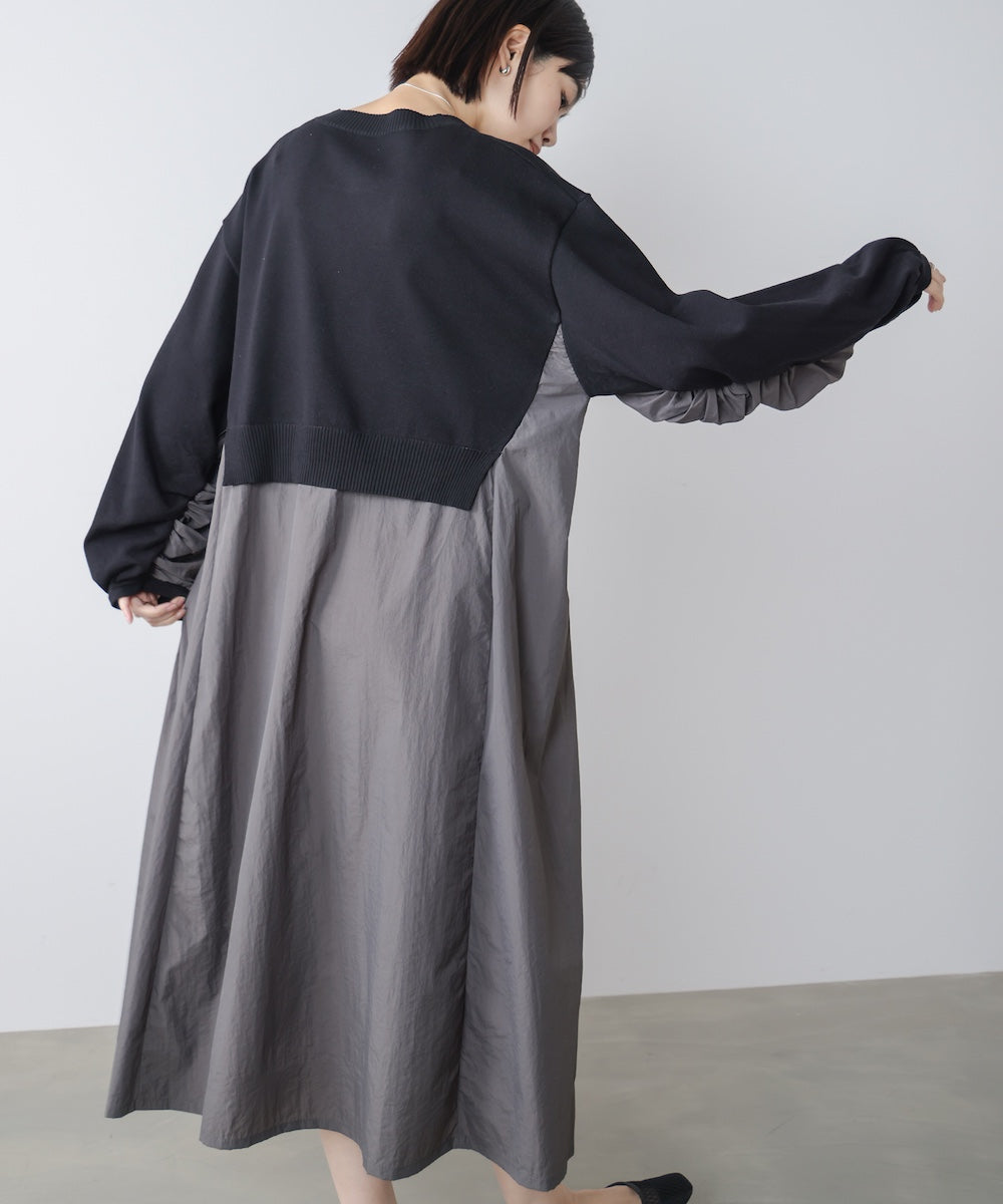 袖ギャザー布帛ドッキングニットワンピース［3/13発送予定］