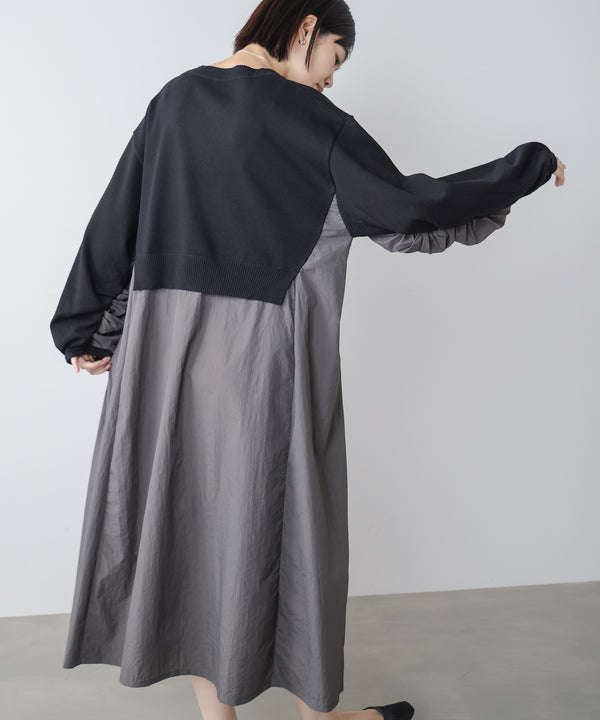 袖ギャザー布帛ドッキングニットワンピース［3/13発送予定］